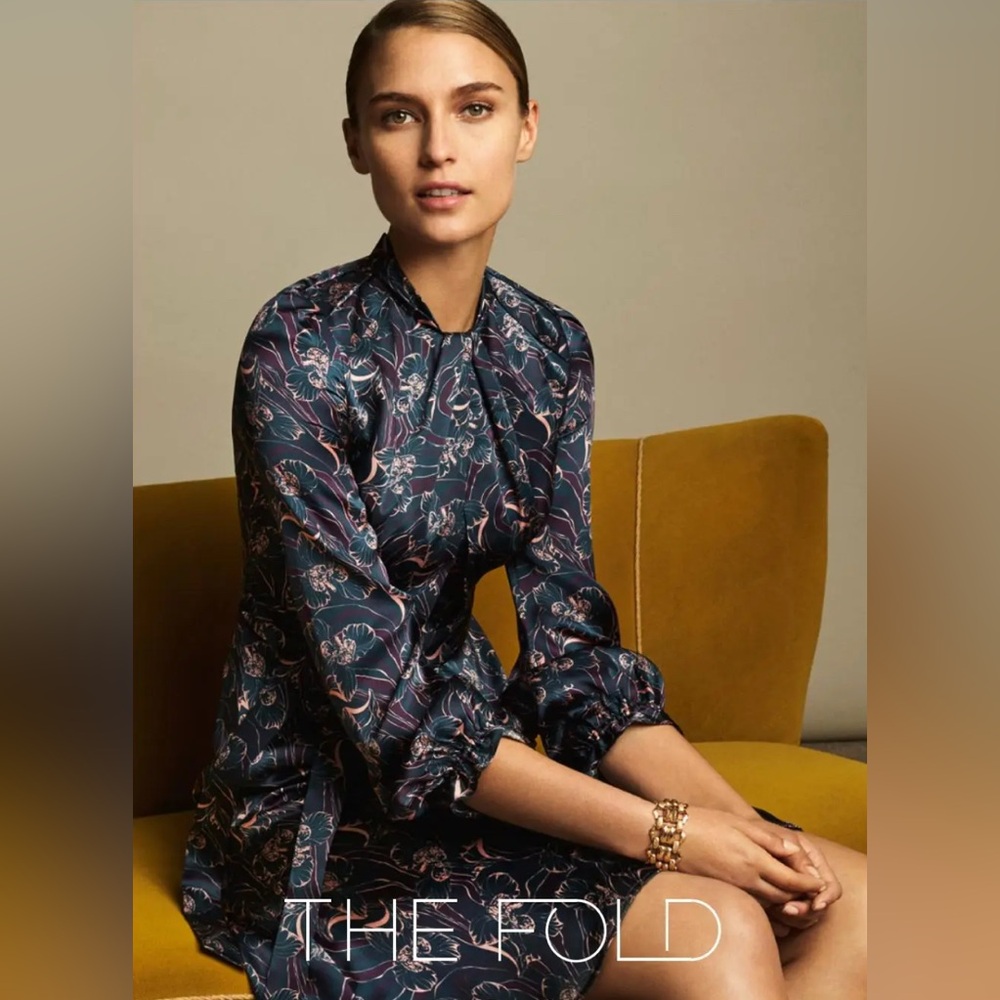 The Fold London Dartmouth Navy Floral Silk Midi Cocktail Dress Long Sleeve Sz 2